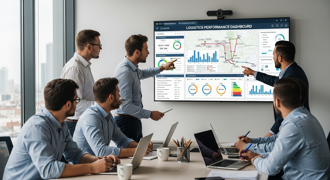 Business team analyzing logistics performance dashboard in meeting room