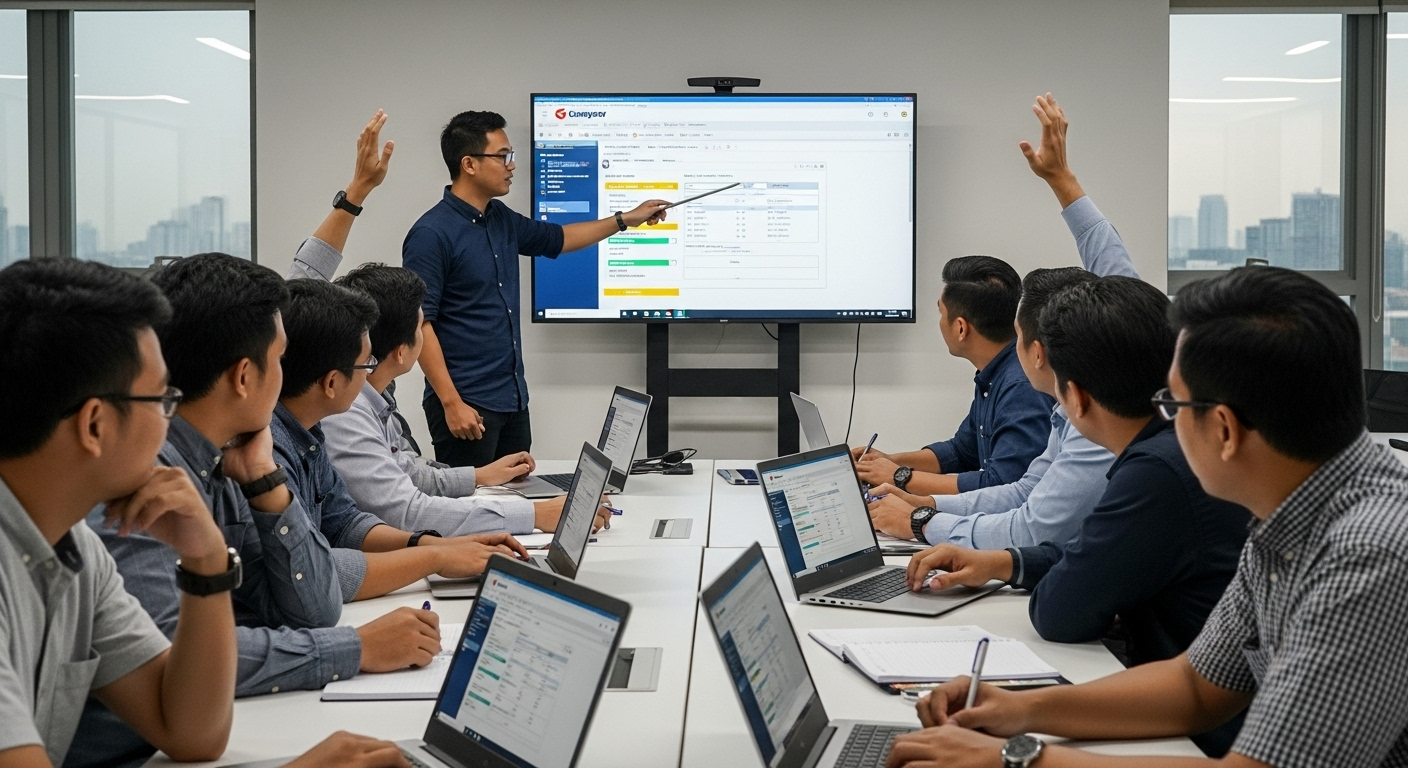 Professional team training session with instructor presenting ERP system to participants
